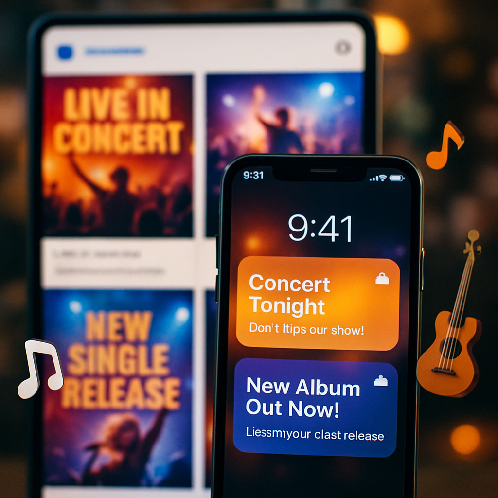 A close-up of a smartphone displaying concert notifications surrounded by energetic music-themed visuals.