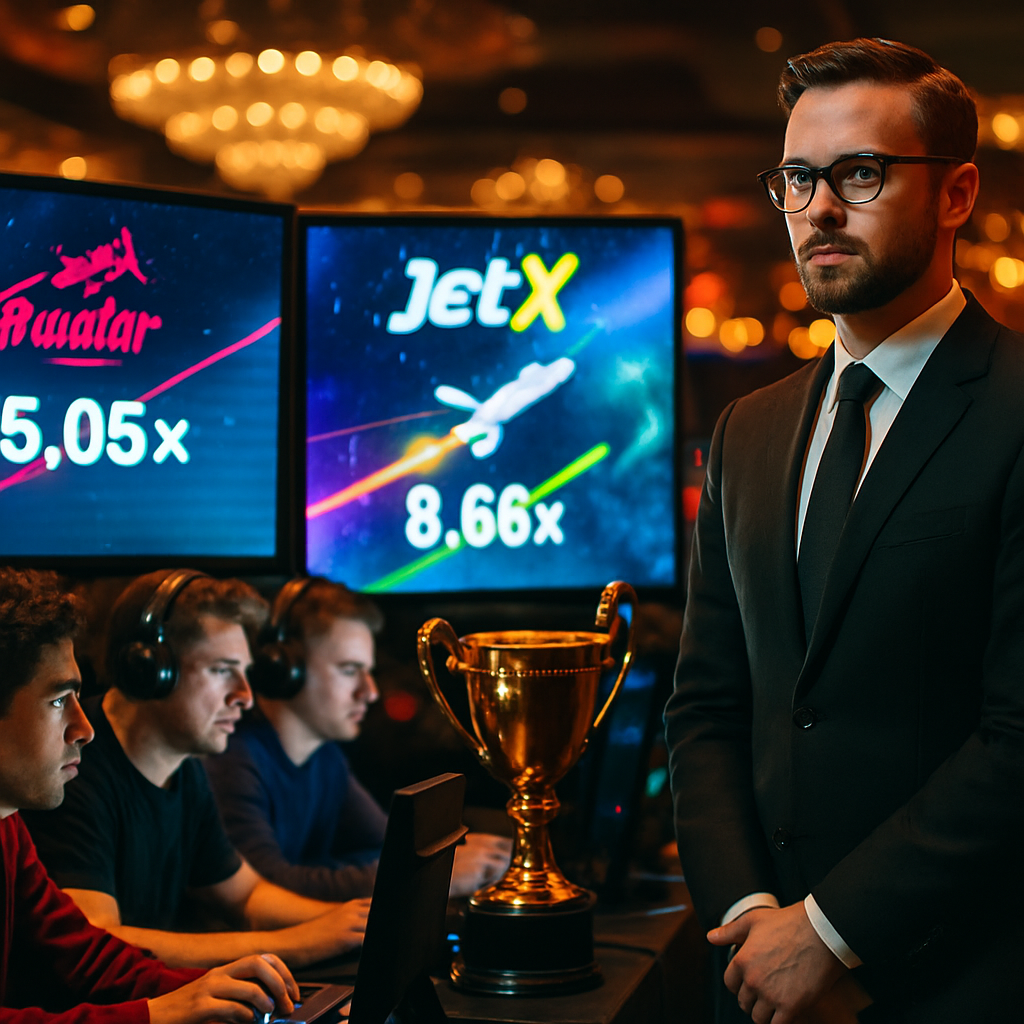 An immersive scene from a high-stakes gaming tournament showcasing players engaged in crash games,