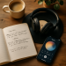 A workspace scenario with a notebook of song lyrics, smartphone with music app, and