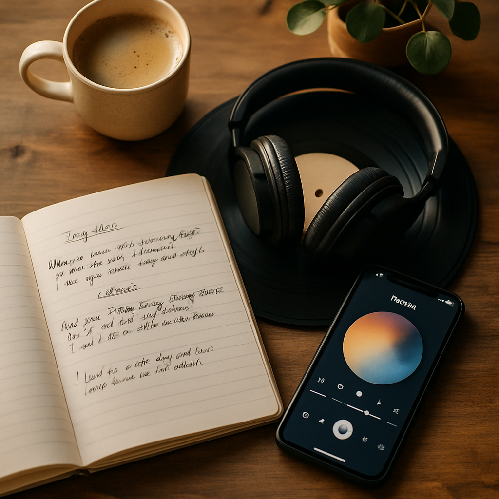 A workspace scenario with a notebook of song lyrics, smartphone with music app, and
