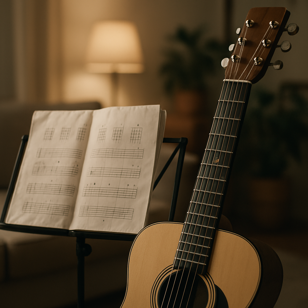 Image of a beginner guitar with simple chords and tabulature in a cozy setting.