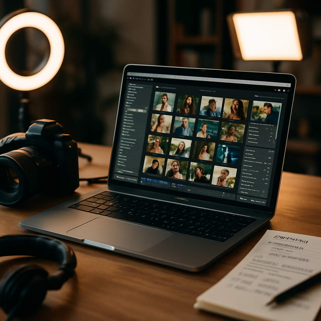 A well-organized workspace for creating a photo and video gallery, featuring editing software, camera