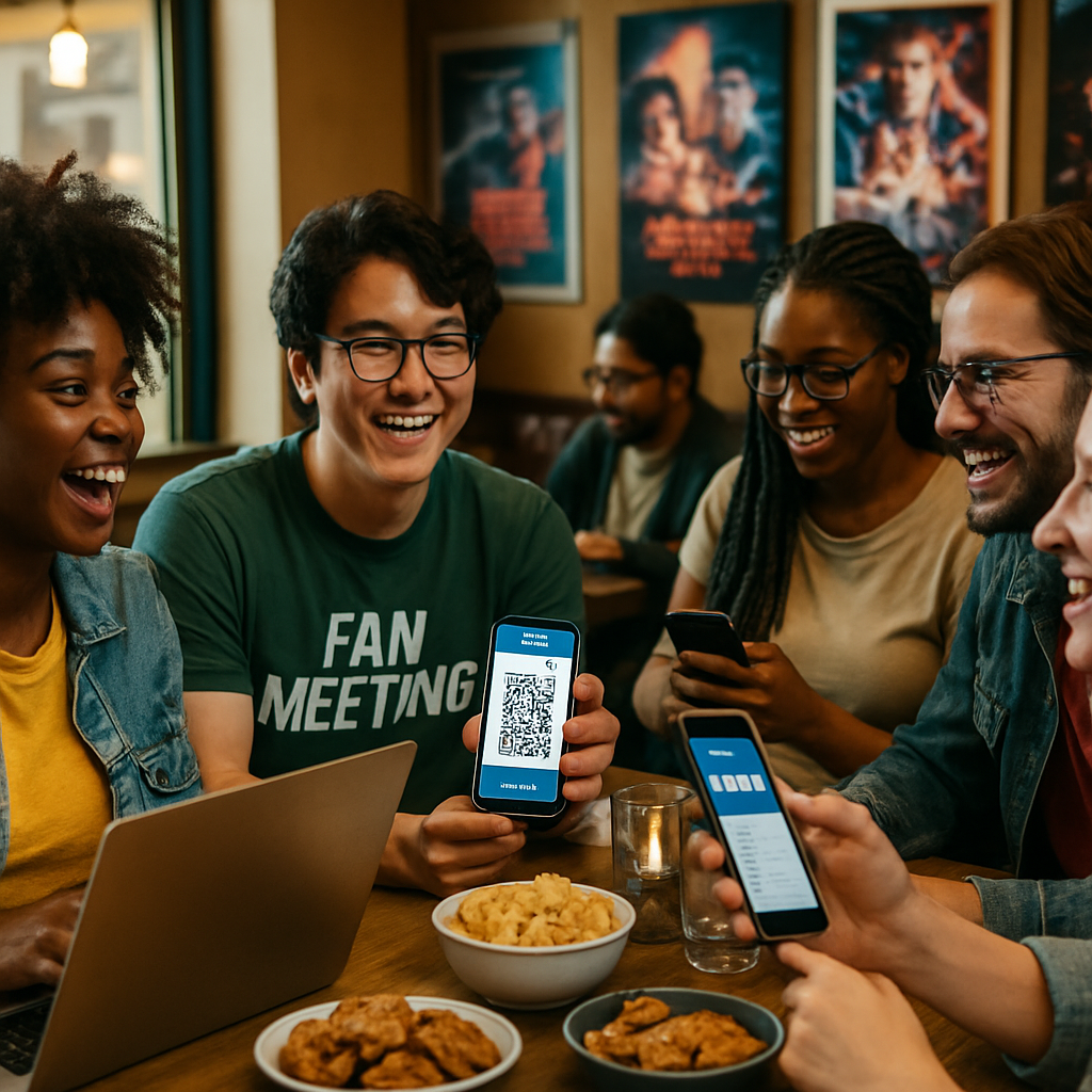A diverse group of fans interacting in a cozy setting, showcasing collaboration and community